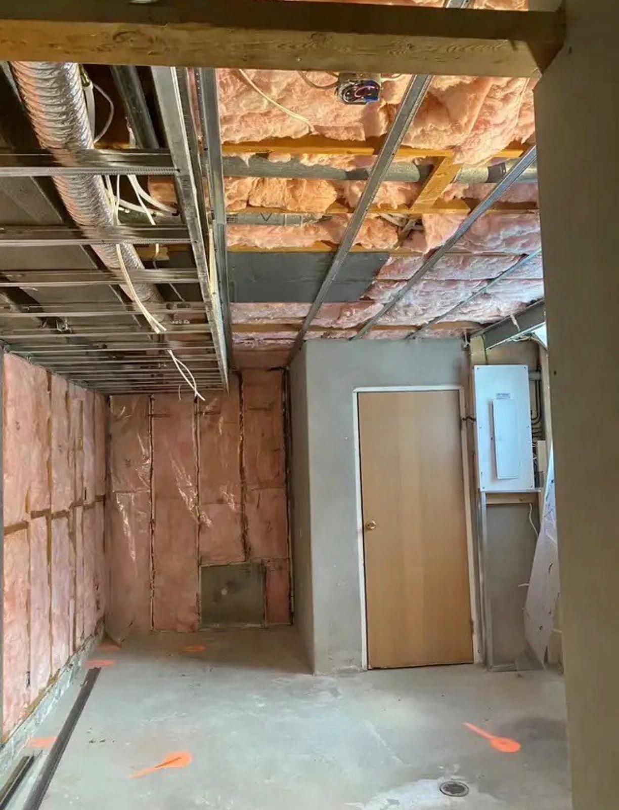 Insulation and rough-in stage in the basement